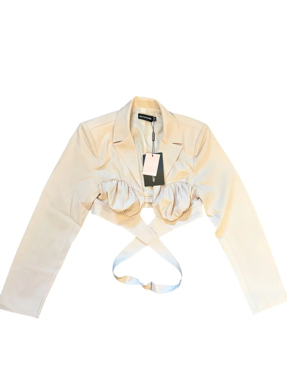 NWT Pretty little Thing Ruched Bust Cropped Blazer in Stone wrap waist sexy - Picture 1 of 10